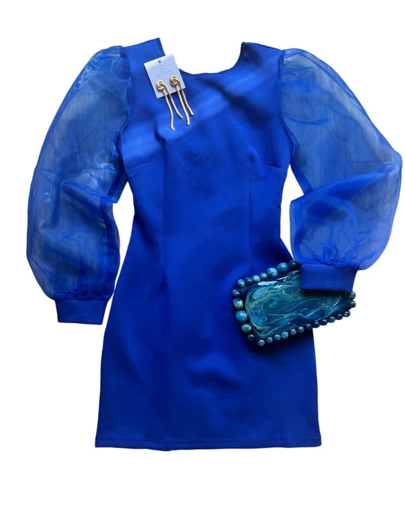 Front of a model wearing a size Large Women'S Organza Sleeve Mini Dress In Cobalt Blue in Cobalt Blue by Strut & Bolt. | dia_product_style_image_id:356889